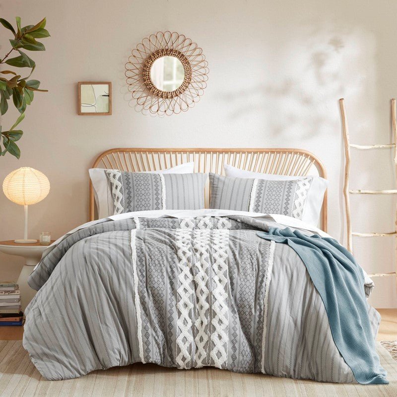 Imani Cotton Printed Duvet Cover Set with Chenille Grey - Quahog Bay Bedding