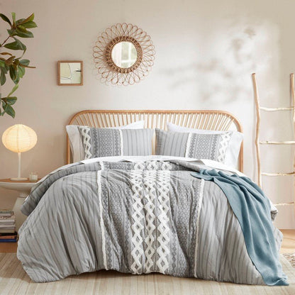 Imani Cotton Printed Duvet Cover Set with Chenille Grey - Quahog Bay Bedding