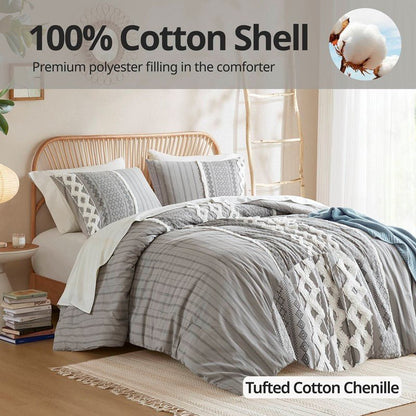 Imani Cotton Printed Duvet Cover Set with Chenille Grey - Quahog Bay Bedding