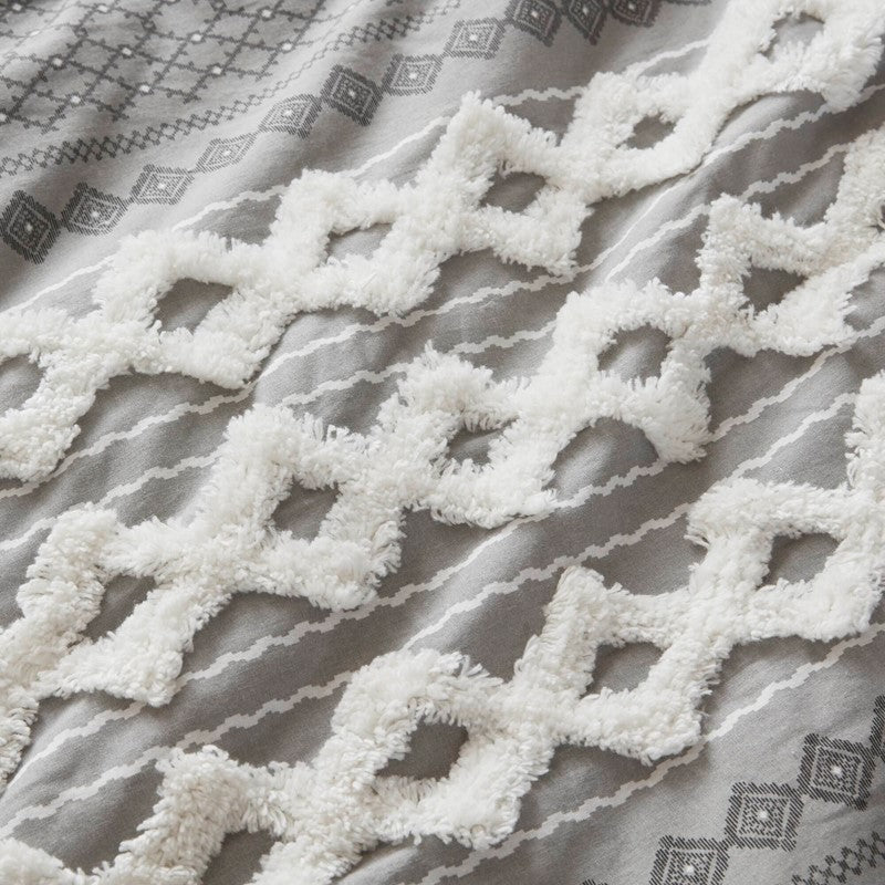 Imani Cotton Printed Duvet Cover Set with Chenille Grey - Quahog Bay Bedding