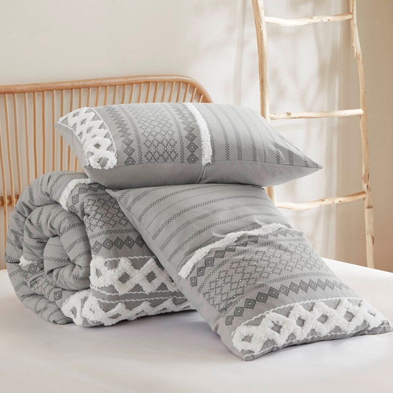 Imani Cotton Printed Duvet Cover Set with Chenille Grey - Quahog Bay Bedding