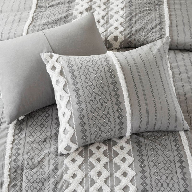 Imani Cotton Printed Duvet Cover Set with Chenille Grey - Quahog Bay Bedding