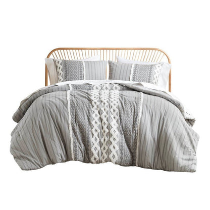Imani Cotton Printed Duvet Cover Set with Chenille Grey - Quahog Bay Bedding