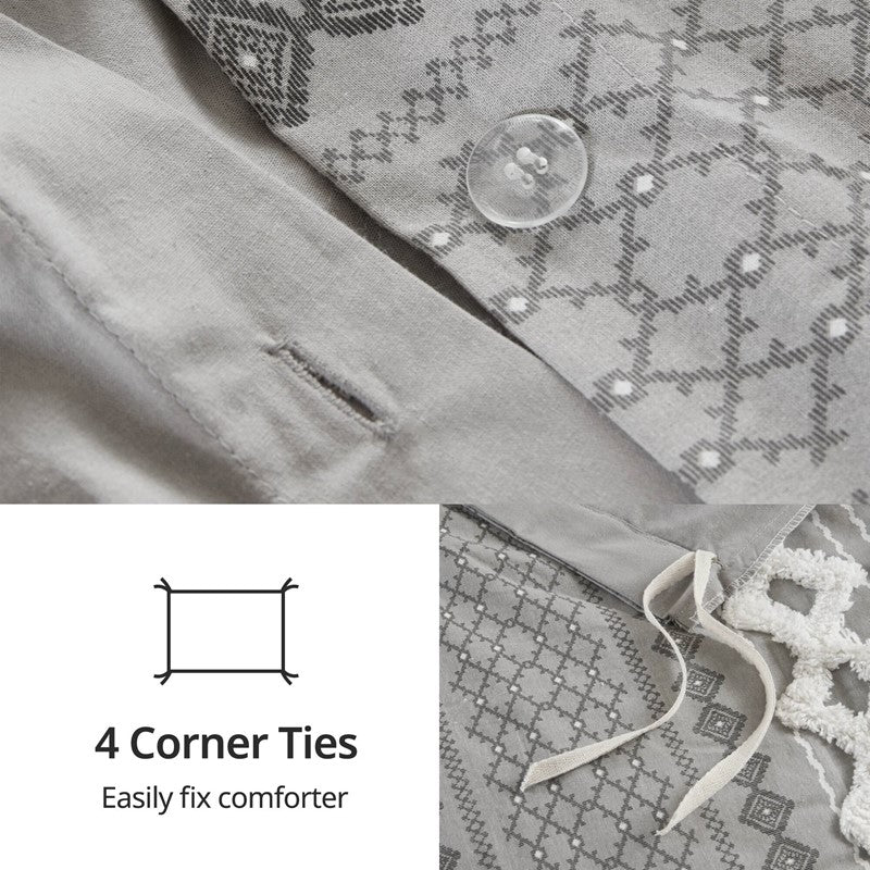 Imani Cotton Printed Duvet Cover Set with Chenille Grey - Quahog Bay Bedding