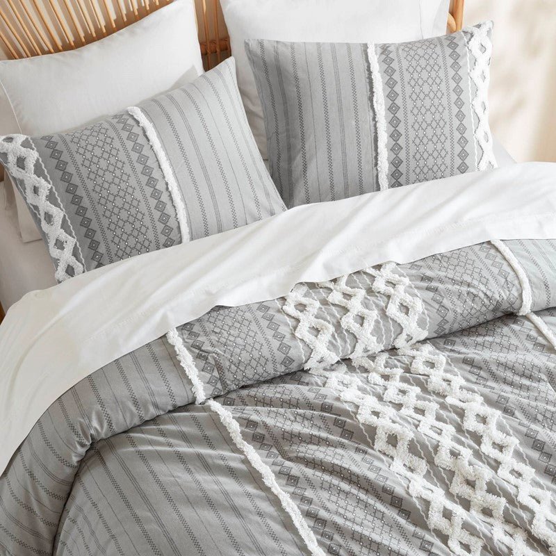 Imani Cotton Printed Duvet Cover Set with Chenille Grey - Quahog Bay Bedding