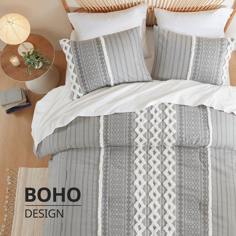 Imani Cotton Printed Duvet Cover Set with Chenille Grey - Quahog Bay Bedding