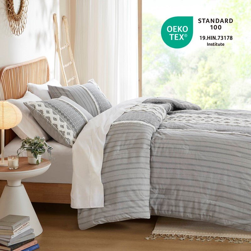 Imani Cotton Printed Duvet Cover Set with Chenille Grey - Quahog Bay Bedding