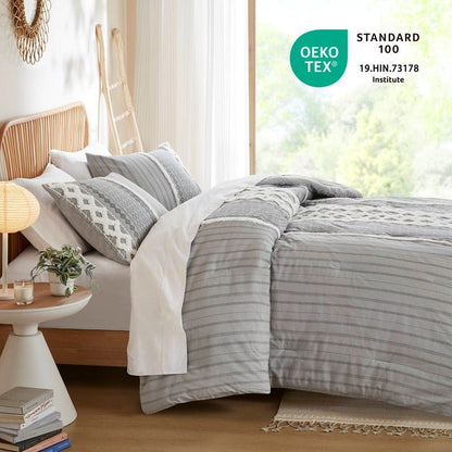 Imani Cotton Printed Duvet Cover Set with Chenille Grey - Quahog Bay Bedding