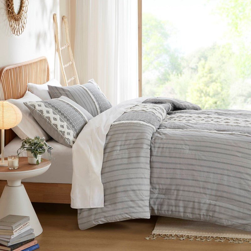 Imani Cotton Printed Duvet Cover Set with Chenille Grey - Quahog Bay Bedding