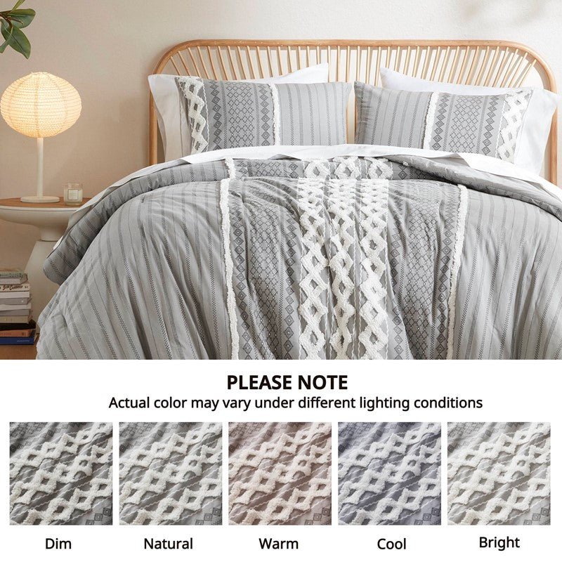 Imani Cotton Printed Duvet Cover Set with Chenille Grey - Quahog Bay Bedding