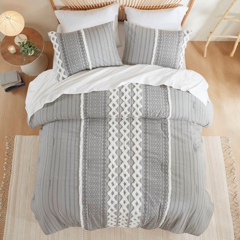 Imani Cotton Printed Duvet Cover Set with Chenille Grey - Quahog Bay Bedding