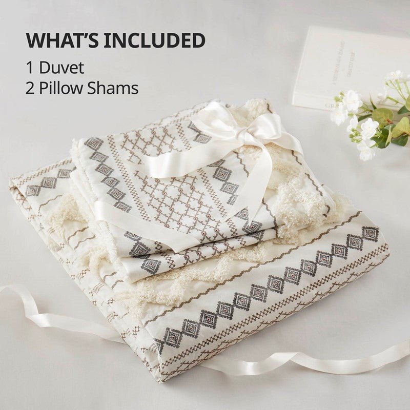 Imani Cotton Printed Duvet Cover Set with Chenille Ivory - Quahog Bay Bedding