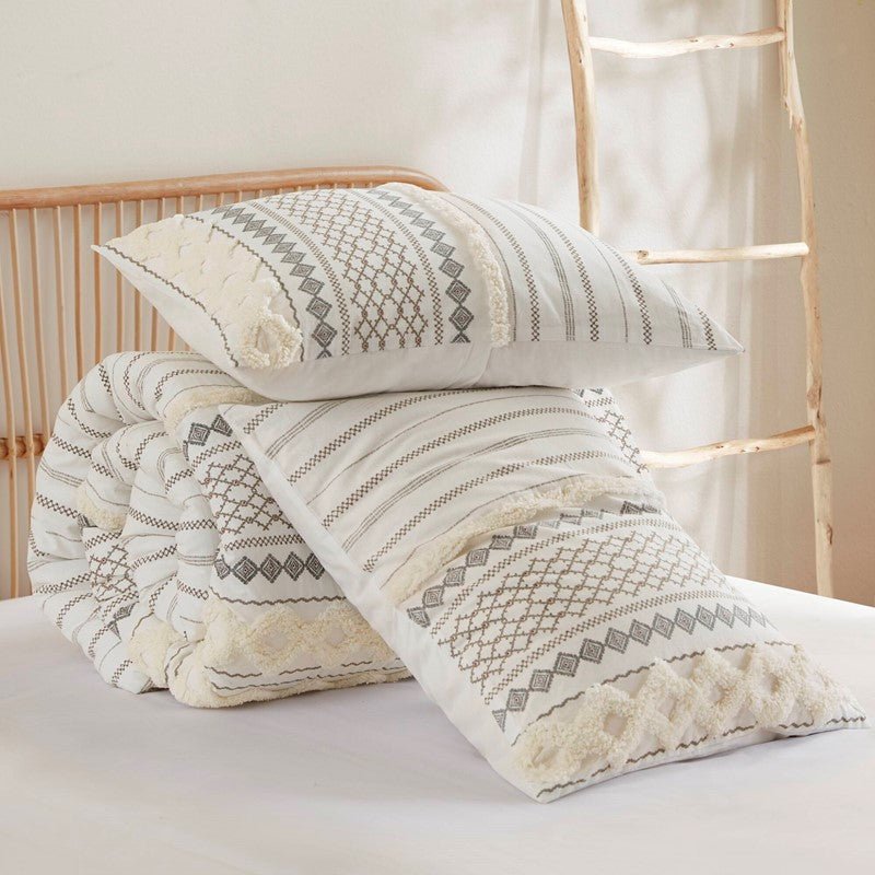 Imani Cotton Printed Duvet Cover Set with Chenille Ivory - Quahog Bay Bedding