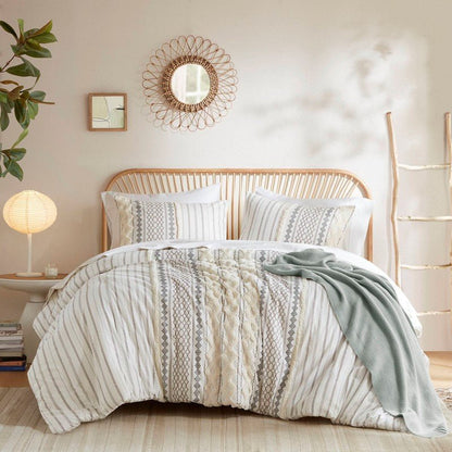 Imani Cotton Printed Duvet Cover Set with Chenille Ivory - Quahog Bay Bedding
