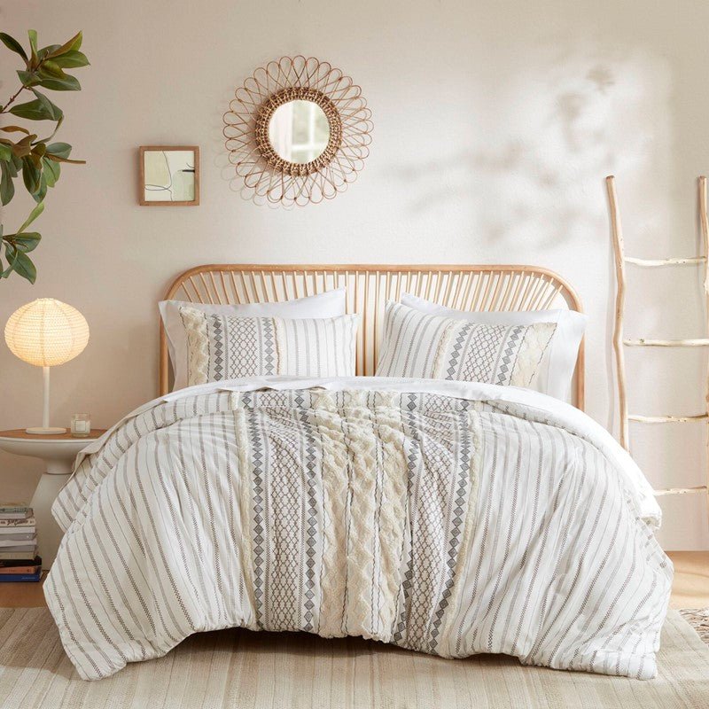 Imani Cotton Printed Duvet Cover Set with Chenille Ivory - Quahog Bay Bedding