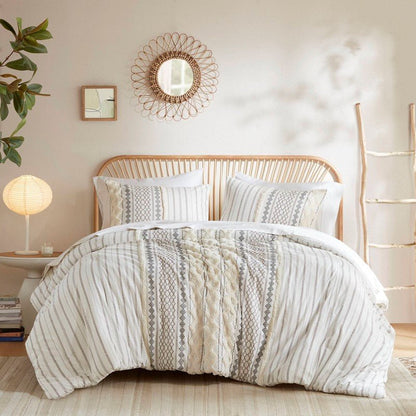 Imani Cotton Printed Duvet Cover Set with Chenille Ivory - Quahog Bay Bedding
