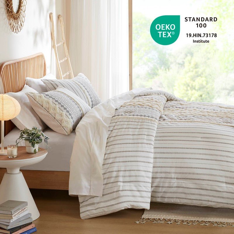 Imani Cotton Printed Duvet Cover Set with Chenille Ivory - Quahog Bay Bedding