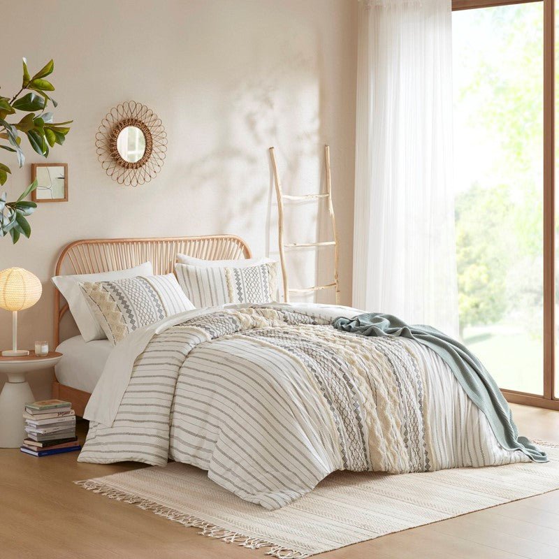 Imani Cotton Printed Duvet Cover Set with Chenille Ivory - Quahog Bay Bedding