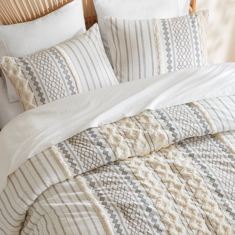 Imani Cotton Printed Duvet Cover Set with Chenille Ivory - Quahog Bay Bedding