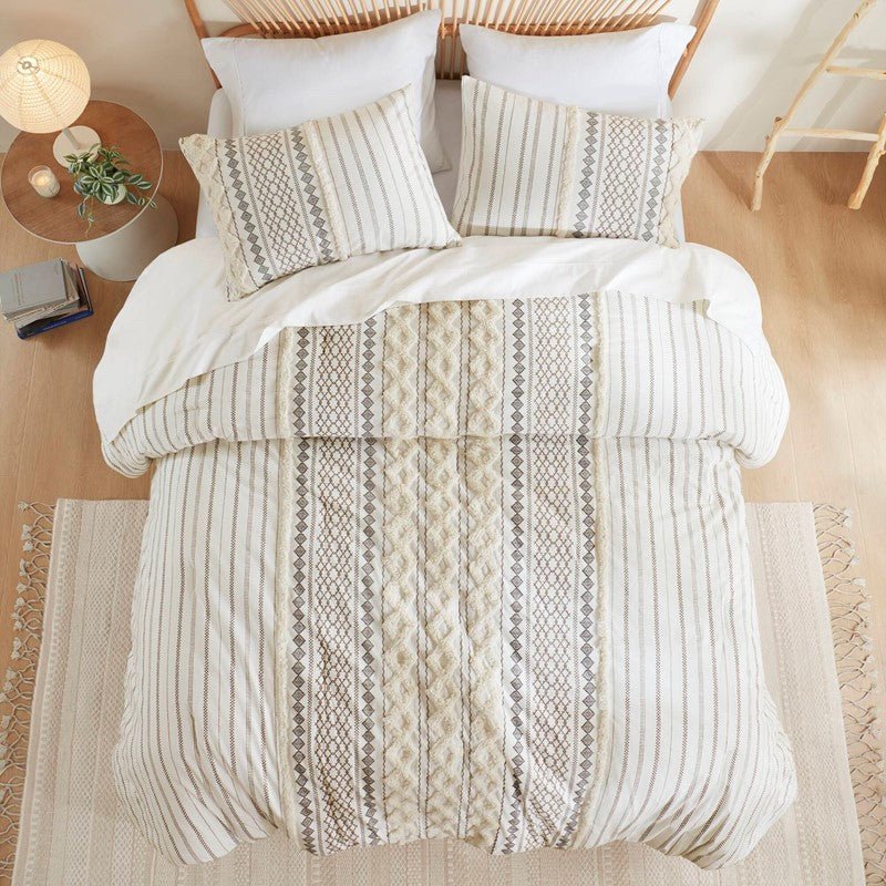 Imani Cotton Printed Duvet Cover Set with Chenille Ivory - Quahog Bay Bedding