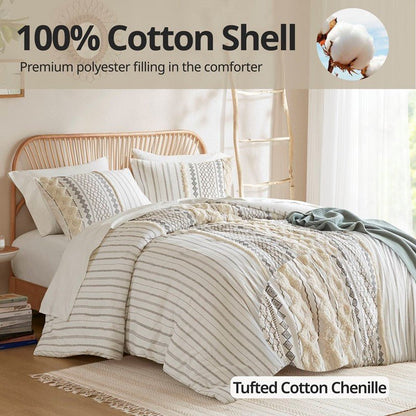 Imani Cotton Printed Duvet Cover Set with Chenille Ivory - Quahog Bay Bedding