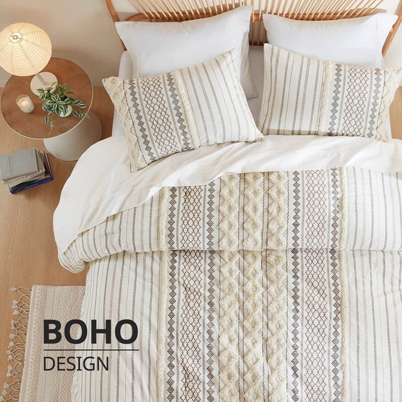 Imani Cotton Printed Duvet Cover Set with Chenille Ivory - Quahog Bay Bedding