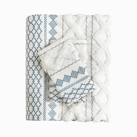 Imani Cotton Printed Duvet Cover Set with Chenille Navy & White Hues - Quahog Bay Bedding