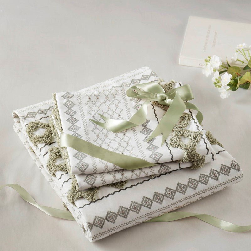 Imani Cotton Printed Duvet Cover Set with Chenille - Sage & Ivory - Quahog Bay Bedding