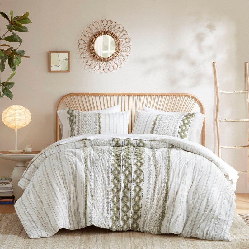 Imani Cotton Printed Duvet Cover Set with Chenille - Sage & Ivory - Quahog Bay Bedding