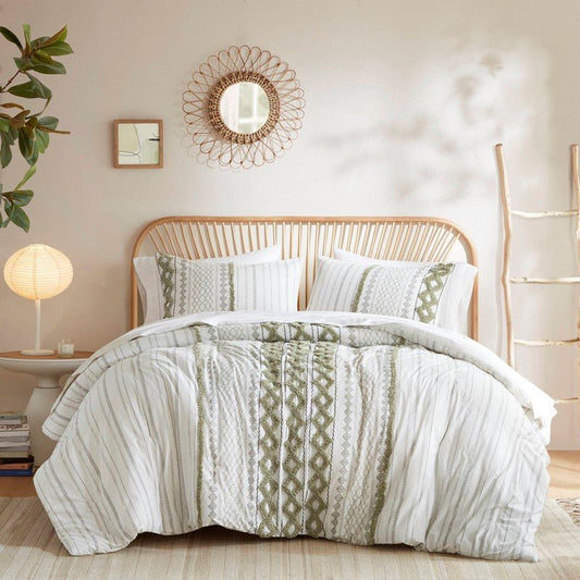 Imani Cotton Printed Duvet Cover Set with Chenille - Sage & Ivory - Quahog Bay Bedding