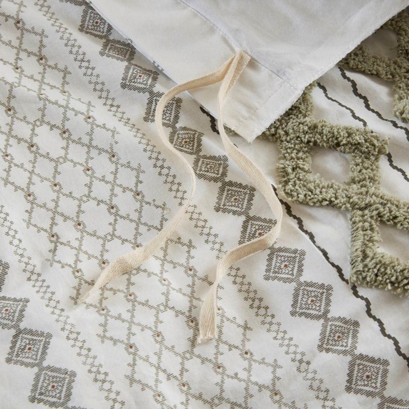 Imani Cotton Printed Duvet Cover Set with Chenille - Sage & Ivory - Quahog Bay Bedding