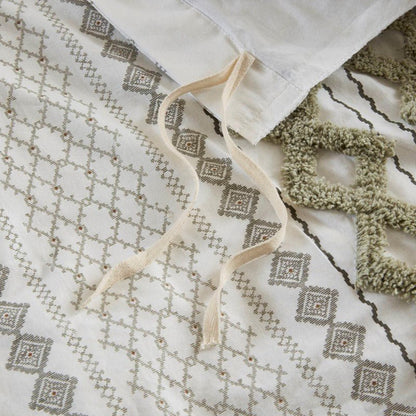 Imani Cotton Printed Duvet Cover Set with Chenille - Sage & Ivory - Quahog Bay Bedding