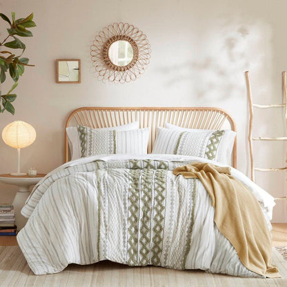 Imani Cotton Printed Duvet Cover Set with Chenille - Sage & Ivory - Quahog Bay Bedding