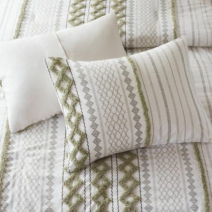 Imani Cotton Printed Duvet Cover Set with Chenille - Sage & Ivory - Quahog Bay Bedding