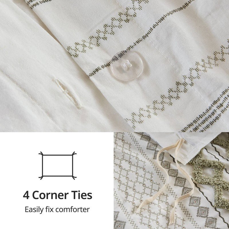 Imani Cotton Printed Duvet Cover Set with Chenille - Sage & Ivory - Quahog Bay Bedding