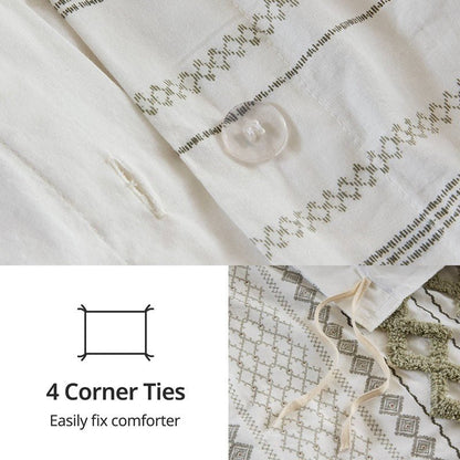 Imani Cotton Printed Duvet Cover Set with Chenille - Sage & Ivory - Quahog Bay Bedding