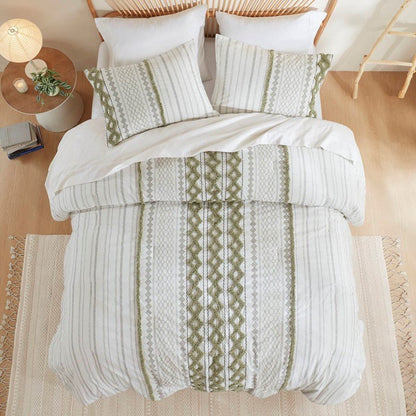 Imani Cotton Printed Duvet Cover Set with Chenille - Sage & Ivory - Quahog Bay Bedding
