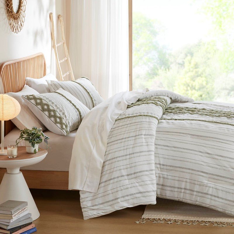 Imani Cotton Printed Duvet Cover Set with Chenille - Sage & Ivory - Quahog Bay Bedding