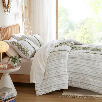Imani Cotton Printed Duvet Cover Set with Chenille - Sage & Ivory - Quahog Bay Bedding