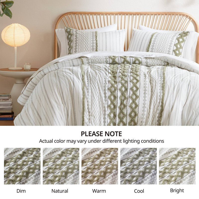 Imani Cotton Printed Duvet Cover Set with Chenille - Sage & Ivory - Quahog Bay Bedding