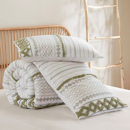 Imani Cotton Printed Duvet Cover Set with Chenille - Sage & Ivory - Quahog Bay Bedding