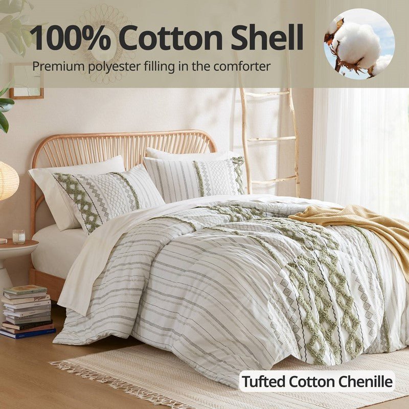 Imani Cotton Printed Duvet Cover Set with Chenille - Sage & Ivory - Quahog Bay Bedding