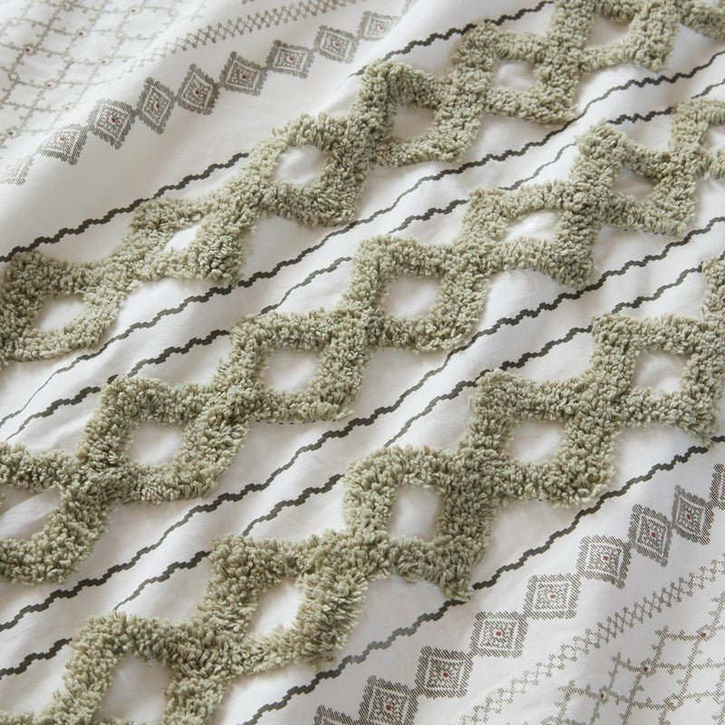 Imani Cotton Printed Duvet Cover Set with Chenille - Sage & Ivory - Quahog Bay Bedding