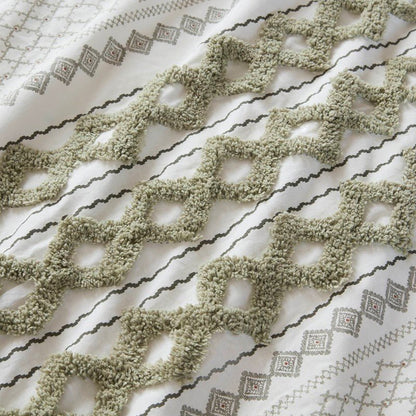 Imani Cotton Printed Duvet Cover Set with Chenille - Sage & Ivory - Quahog Bay Bedding