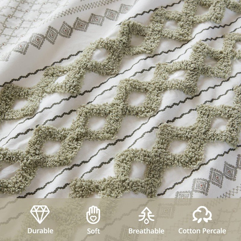 Imani Cotton Printed Duvet Cover Set with Chenille - Sage & Ivory - Quahog Bay Bedding