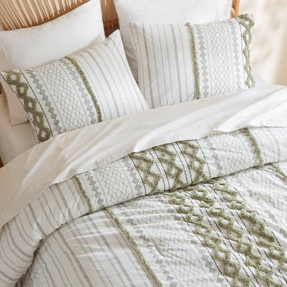 Imani Cotton Printed Duvet Cover Set with Chenille - Sage & Ivory - Quahog Bay Bedding