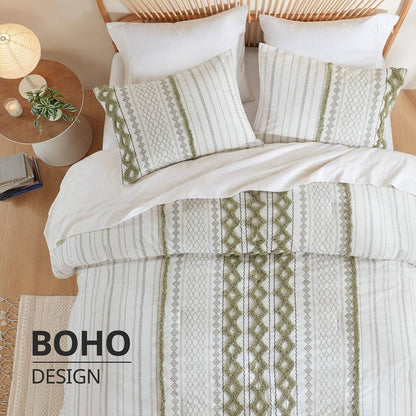 Imani Cotton Printed Duvet Cover Set with Chenille - Sage & Ivory - Quahog Bay Bedding