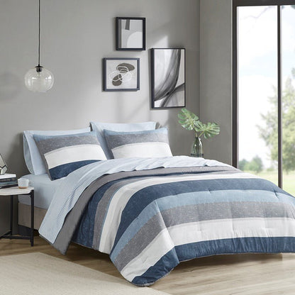 Jaxon Striped Comforter Set With Bed Sheets | Nautical Bedding Set | Blue And Grey - Quahog Bay Bedding