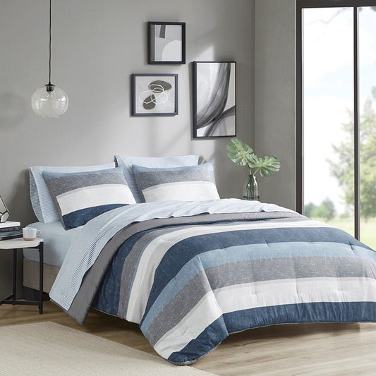Jaxon Striped Comforter Set With Bed Sheets | Nautical Bedding Set | Blue And Grey - Quahog Bay Bedding