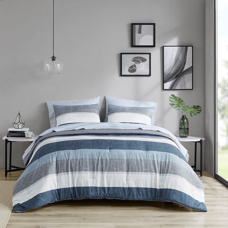 Jaxon Striped Comforter Set With Bed Sheets | Nautical Bedding Set | Blue And Grey - Quahog Bay Bedding